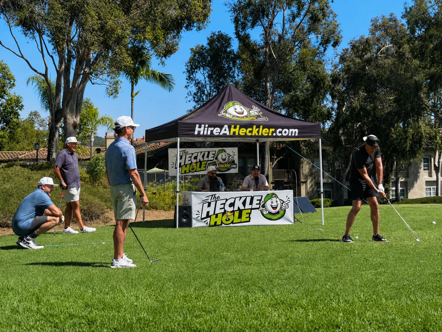 Hire a Heckler golf tee-box comedy setup at the Heckle Hole